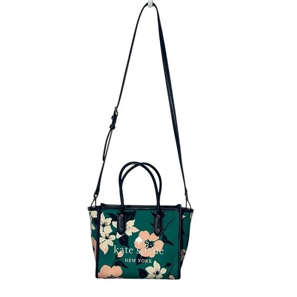 Kate Spade Ella Lily Blooms Green Navy Floral Canvas Crossbody Bag Purse - Picture 1 of 12